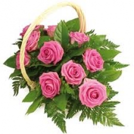12 Pink Roses Round Handle Basket